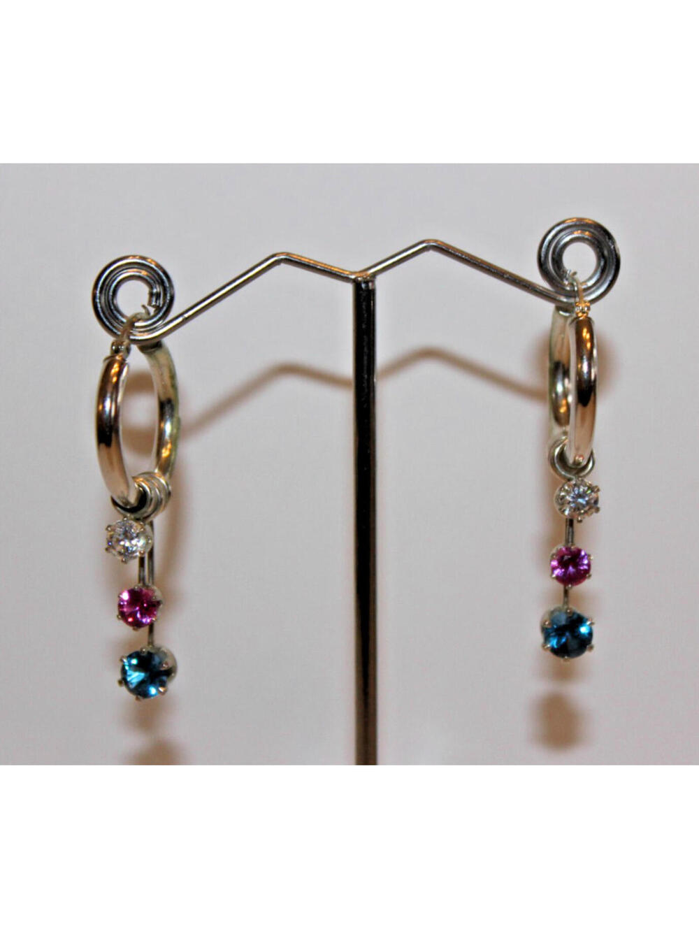 Vtg 925 Sterling Silver Hoop Dangle Earrings Pink Blue Clear CZ Stones 1.875"